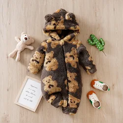 Children's Clothing Boys And Girls Cute Cartoon Brown Bear Comfortable Winter Thick Long Sleeved Hooded Jumpsuit