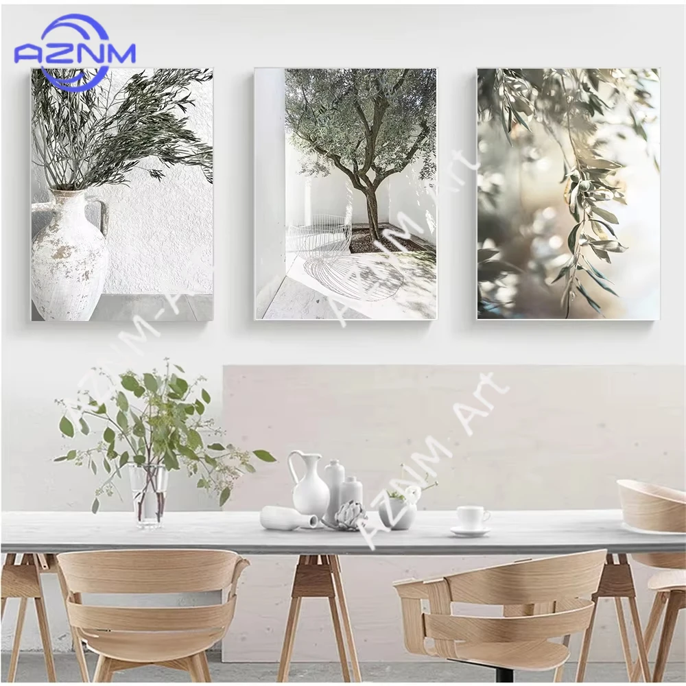 Póster de Lona Verde Oliva de 1/3 Piezas, Impresiones de Arte de Pared con Hojas y Árboles, Arquitectura Antigua de Italia, Pósters de Puglia, Decoración para Sala de Estar