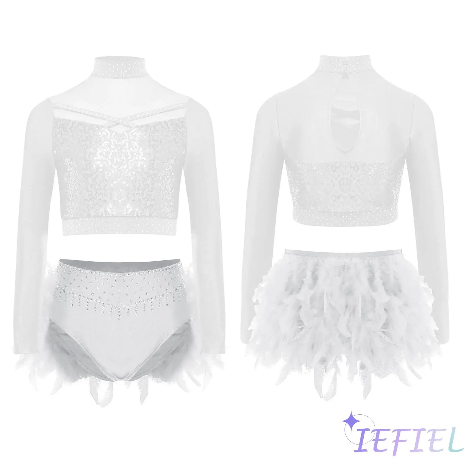

Kids Girls Ballet Latin Belly Dance Clothing Long Sleeve Sheer Mesh Shiny Sequins Dance Crop Top and Rhinestones Feather Bottoms