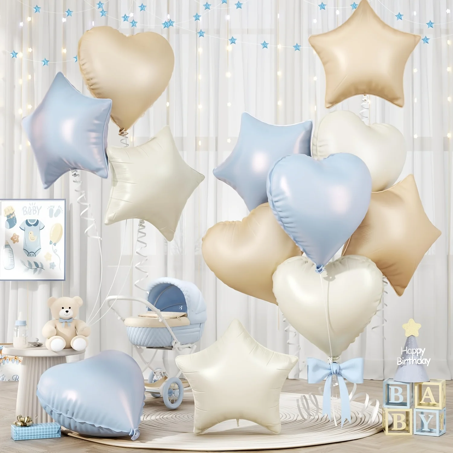 Globos Azules en Forma de Corazón, Globos de 6 Estrellas, Globos Azules en Forma de Corazón de 45.72cm con Globos de Estrella Metalizados, Ideales para Fiestas de Bebés, Cumpleaños de Hombres, Aniversarios de Boda, Decoraciones para Fiestas de Graduación