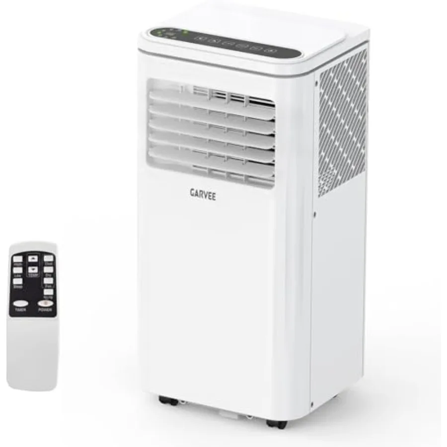 Portable 3-in-1 AC unit for rooms up to 350 sq.ft: cooling, dehumidifying, fan; white plastic housing; 8, 000 BTU; remote, slee