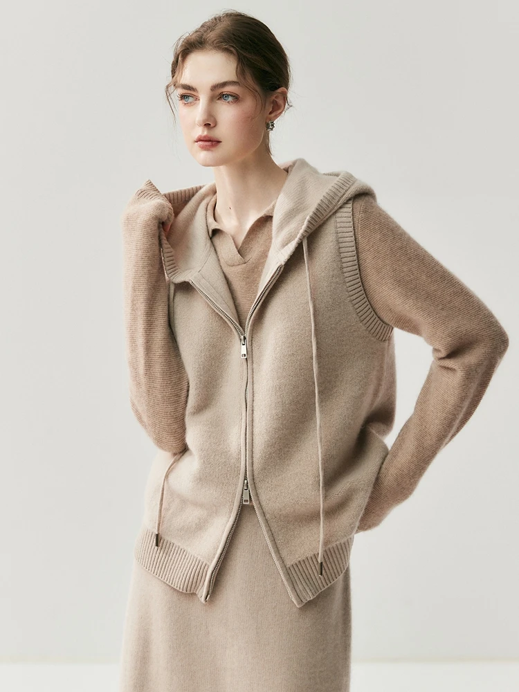 

Autumn Winter Commuting Versatile Vest 100% Cashmere Kint Cardigan Sweater Hooded Zipper Sleeveless Loose Women Fashion Jackets