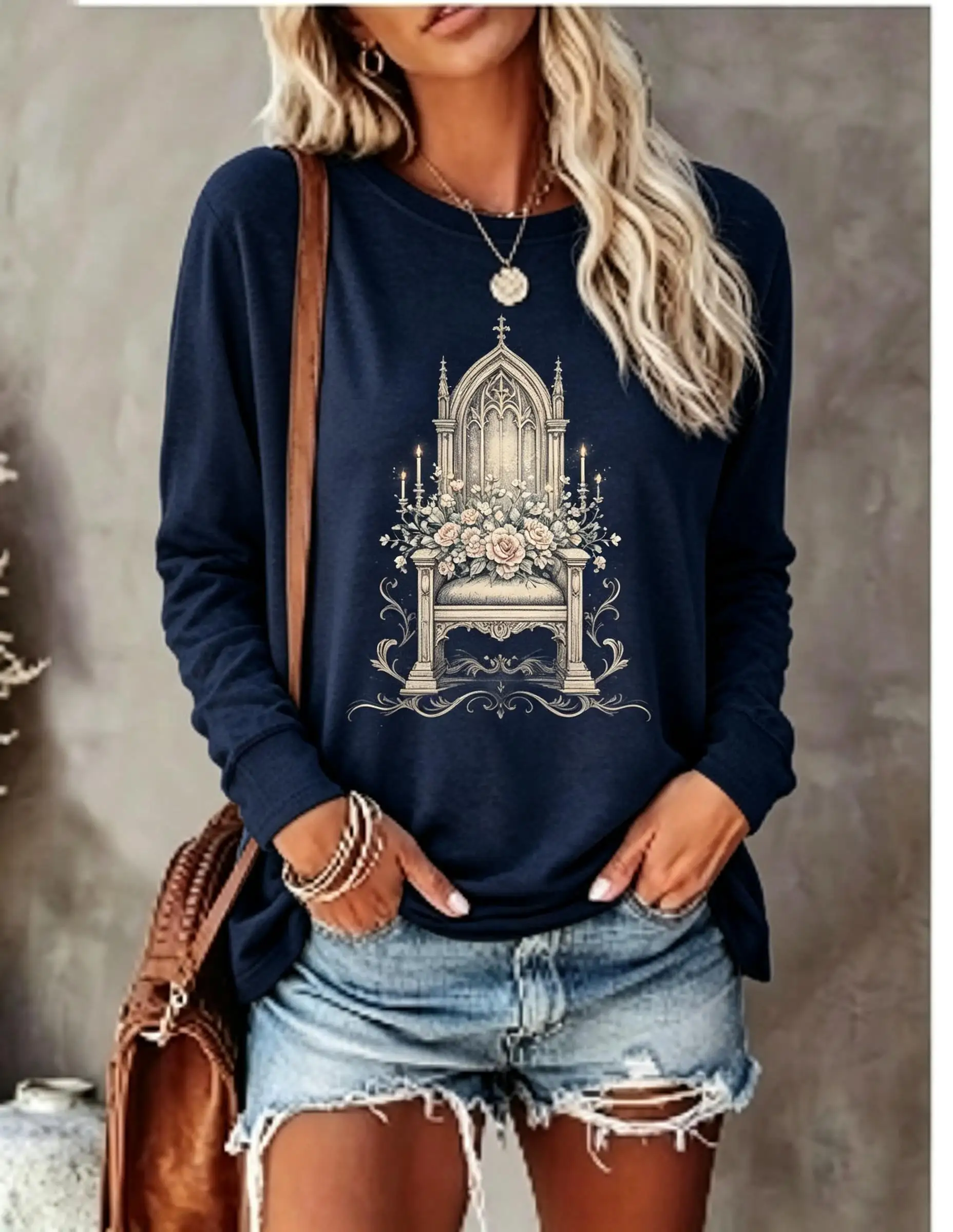 Women Long Sleeve T‑Shirt Vintage Gothic Throne Red Rose Candle Print Crew Neck Tops