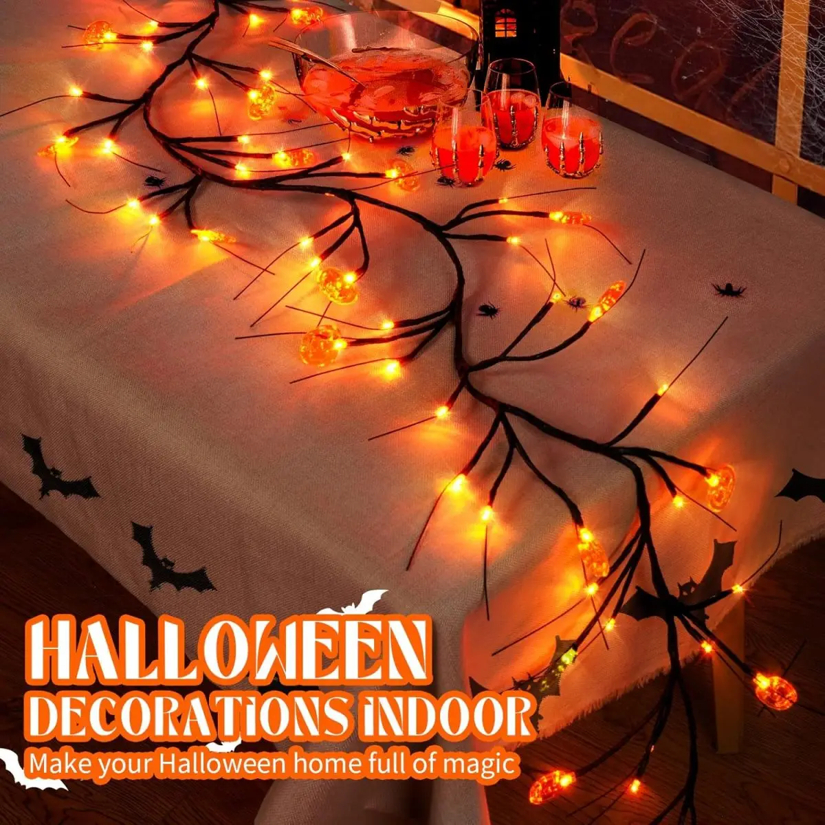 1PC 54LED Halloween Pumpkin String Light Waterproof Black Willow Vine Light Bendable Tree Lamp With Pumpkin For Party Decor