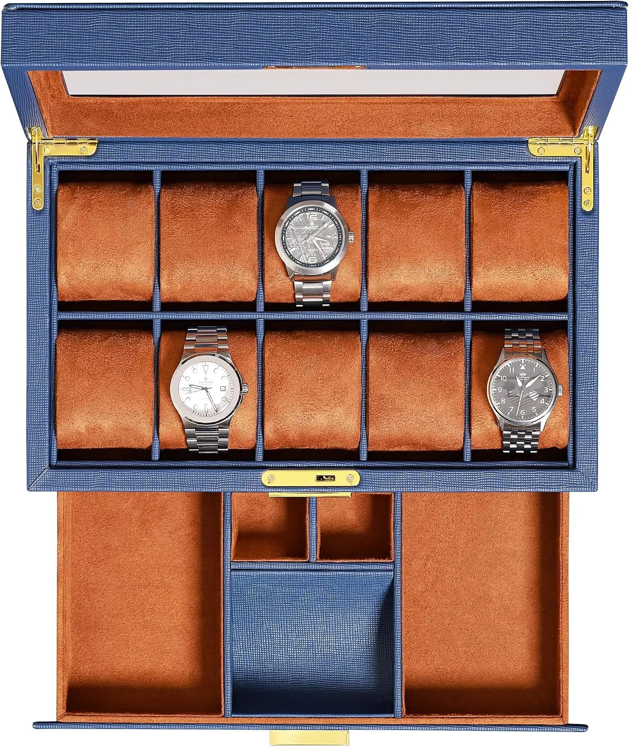 10-Slot Watch Box in Leather with Valet Drawer, Luxury Watch Case Display Organizer with Ultra Soft Microsuede Liner, Jewelry an