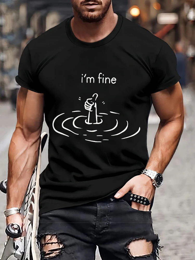 

"I'm Fine" Graphic-Humorous Thumbs Up & Waves pattern design-100% cotton O-neck short sleeve printed T-shirt.