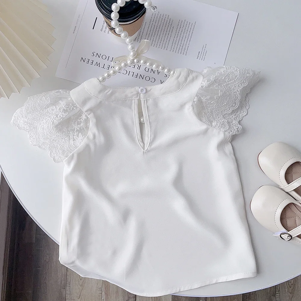 Summer New White Girls' Short Sleeved T-shirt Children's Lace Shirt Top Korean Version Fashion Basic Versatile 2