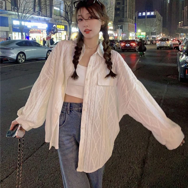 GIDYQ Fashion Crochet White Shirt Women Korean Style Casual Streetwear Loose Tops Y2K Elegant Design Female Shirt Spring New