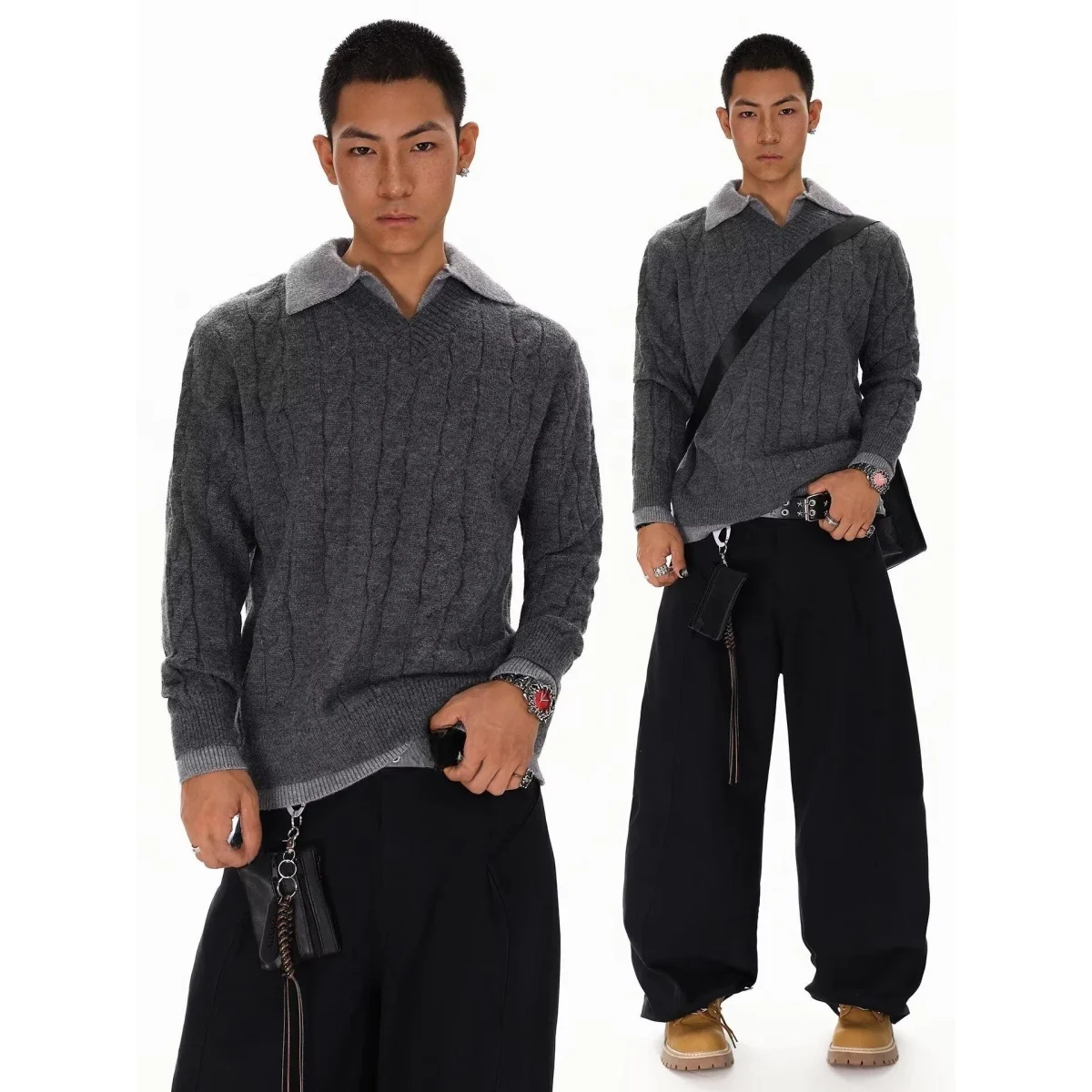 

Men's V-Ne Fair Isle Knit Sweater Winter American Retro Base irt ey Twisted Knitted Top Soft Polyester Fiber Long Sve