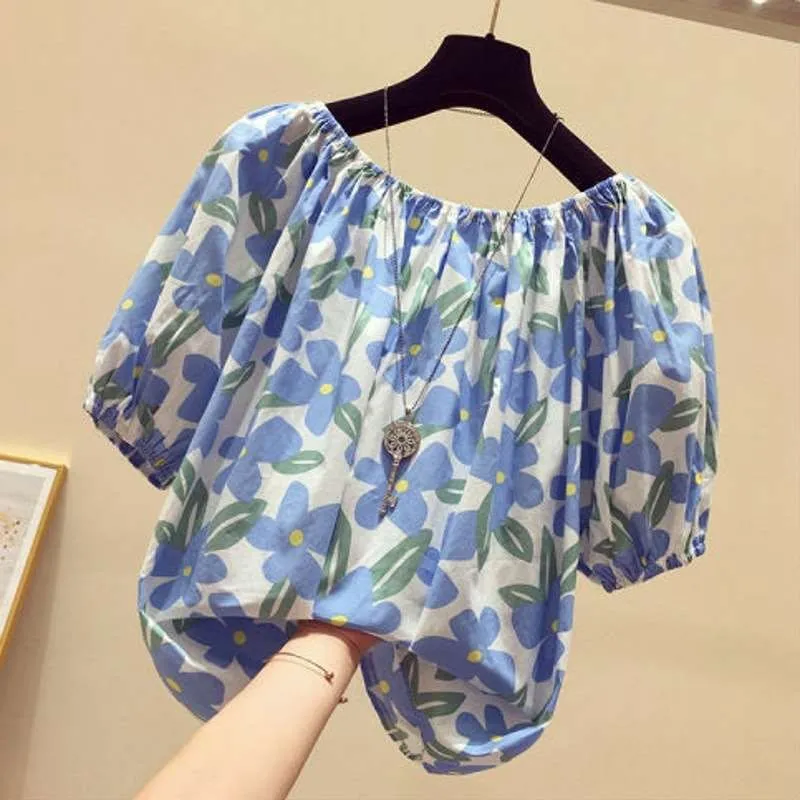 

Floral Collar ort-Sved T-irt Top Women's Summer Loose Casual Sle Cotton Blend Knot Embroidered irt
