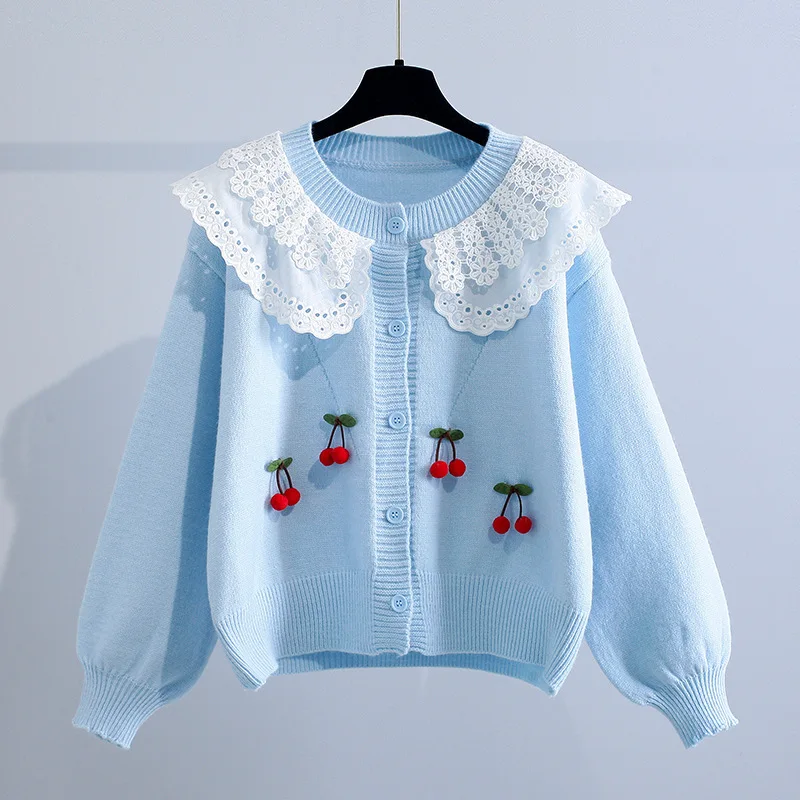 Cute Cherry Knitted Cardigan Gentle Style Lace Doll Collar Soft Comfortable Loose Sweater Autumn Fashion New Women's Coat