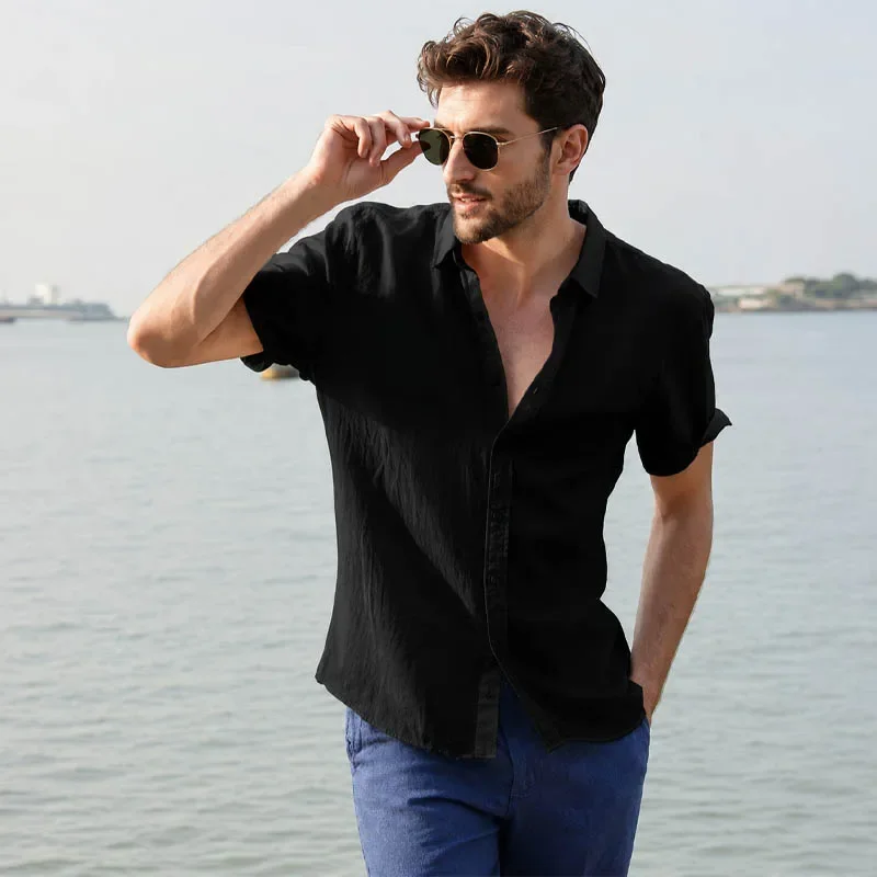 2026 European and American Men's Summer New Style Solid Color Short Sleeved Lapel Trendy Cardigan Casual Thin Shirt for Men