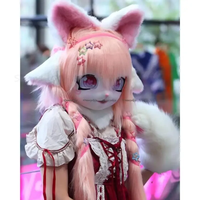 ليلي 123 رؤساء الحيوان Fursuit Kigurumi فروي فتاة تأثيري دمية الأرنب القط ازياء يمكن ارتداؤها كيغ سماعات الحيوان