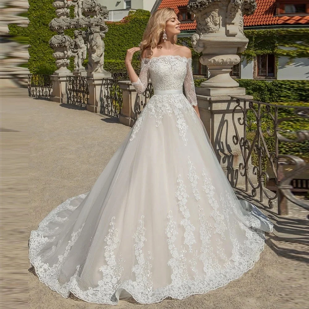 Aangepaste A-lijn gewaden boothals kant trouwjurken halve mouwen bruidsjurken met riem applicaties vestidos de novia,