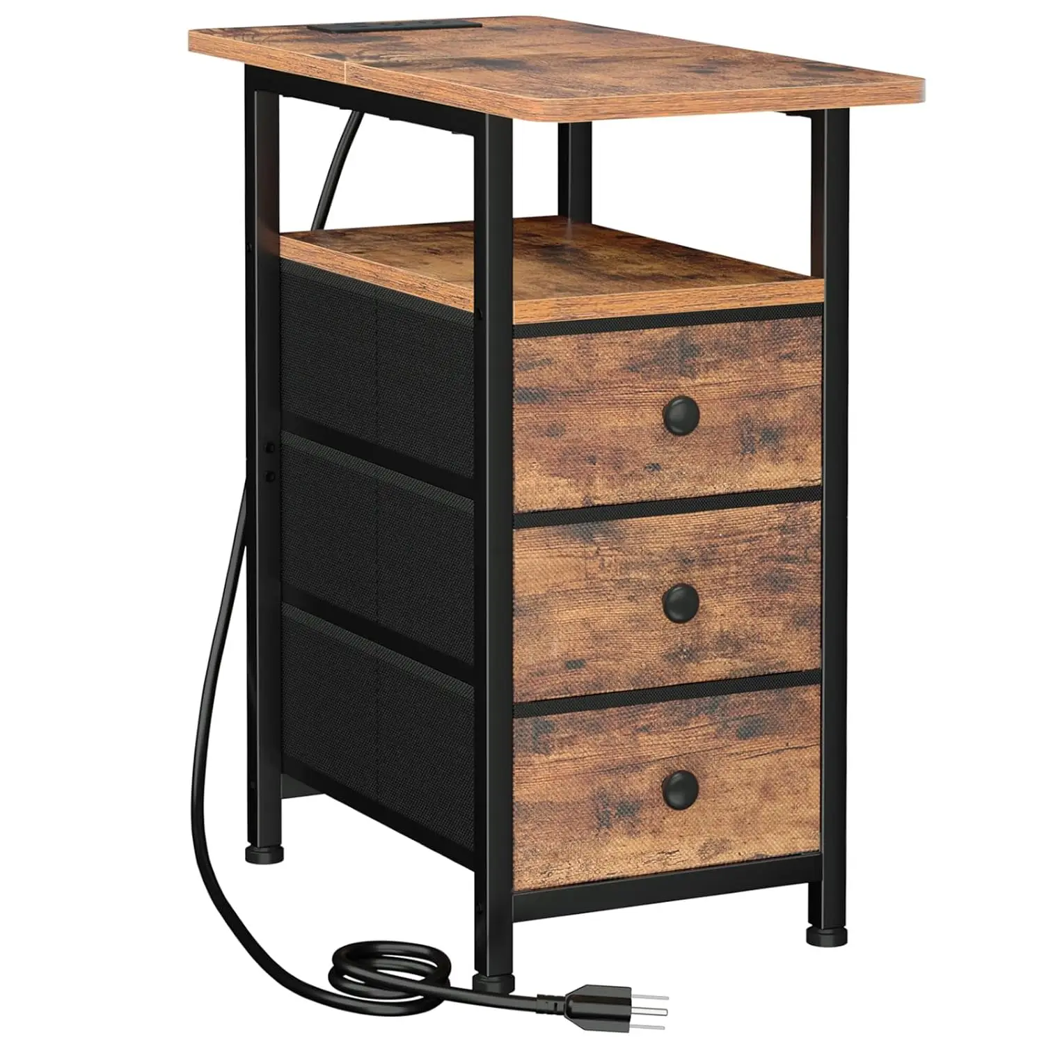 

End Tables Living Room with Charging Station, Narrow Side Table with USB Ports and Outlets, Slim Nightstand with 3 Fabric Dra