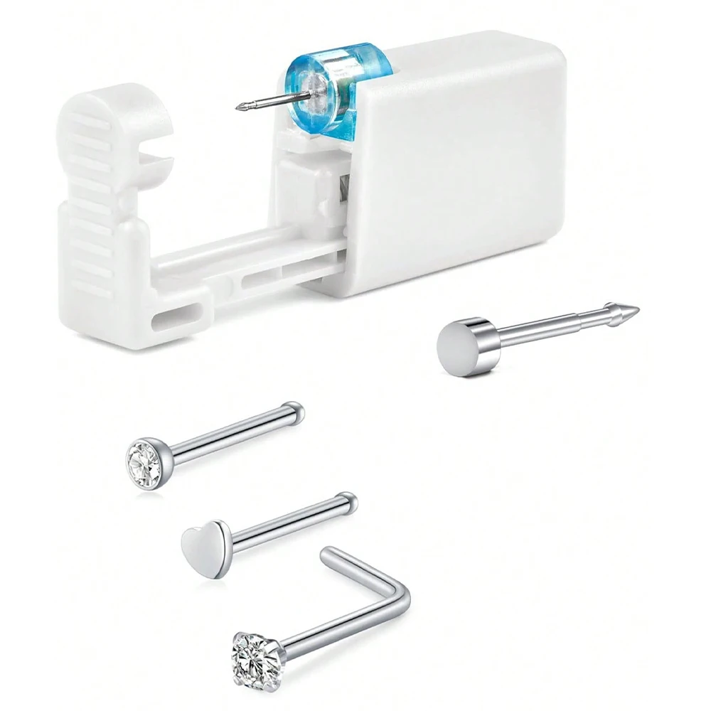 4Pcs Nose Piercing Kit With Nose Stud, 1 Nose Piercing Gun, Disposable Nose Piercing Kit With Straight L-Shape Nose Rings Stud