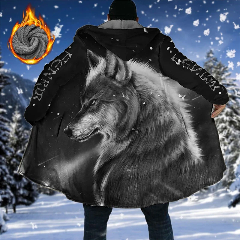 Men's Winter Fleeced Jacket Coat Padding Windbreaker Wolf Fenrir Print Warm Parkas Male Coats Zip-up Hoodies Outerwear 2024