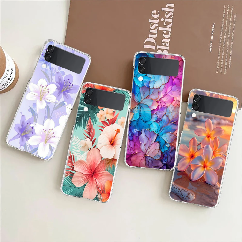 Phone Case For Samsung Galaxy Z Flip 3 4 5 Hard Folding Clear PC Bumper Beauty Flowers Leaves For Samsung Z Flip 6 Back Cover