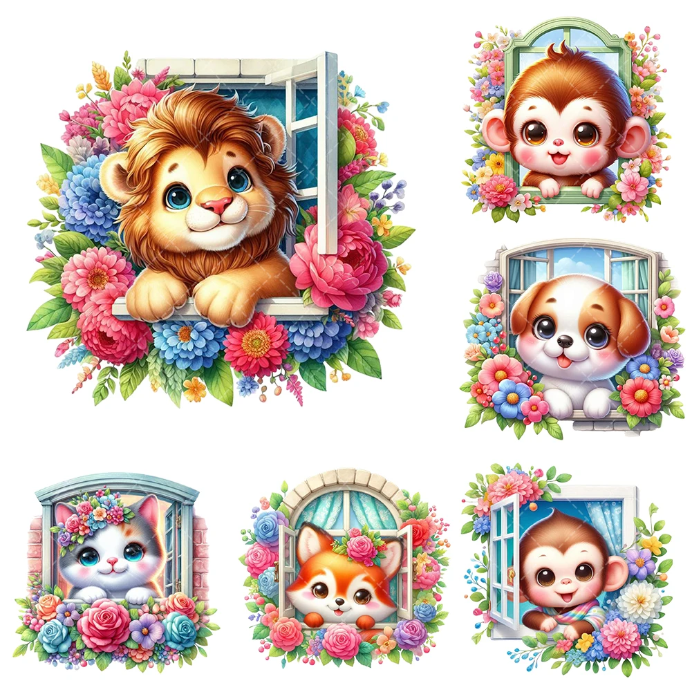 

Cute Animals on Flower Windows Heat Transfer Stickers Iron On Clothes Bags DTF Vinyl Thermal Appliques Washable DIY Patches