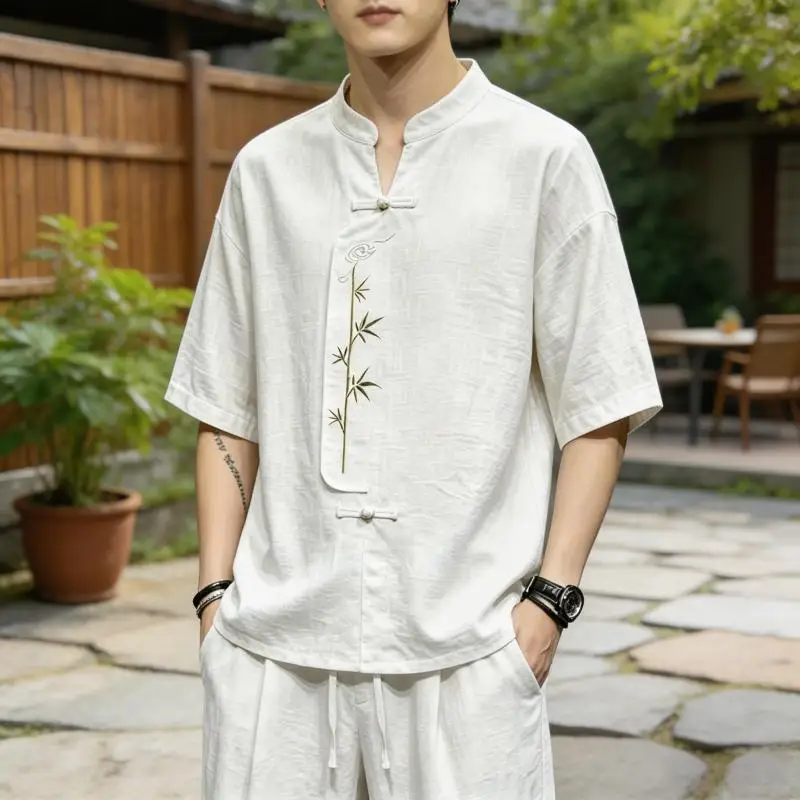 

2026 Summer Bamboo Embroidered Men's New Chinese Mandarin Collar Frog Button Loose Breathable Blend Short Sleeve Tops fpr Mans