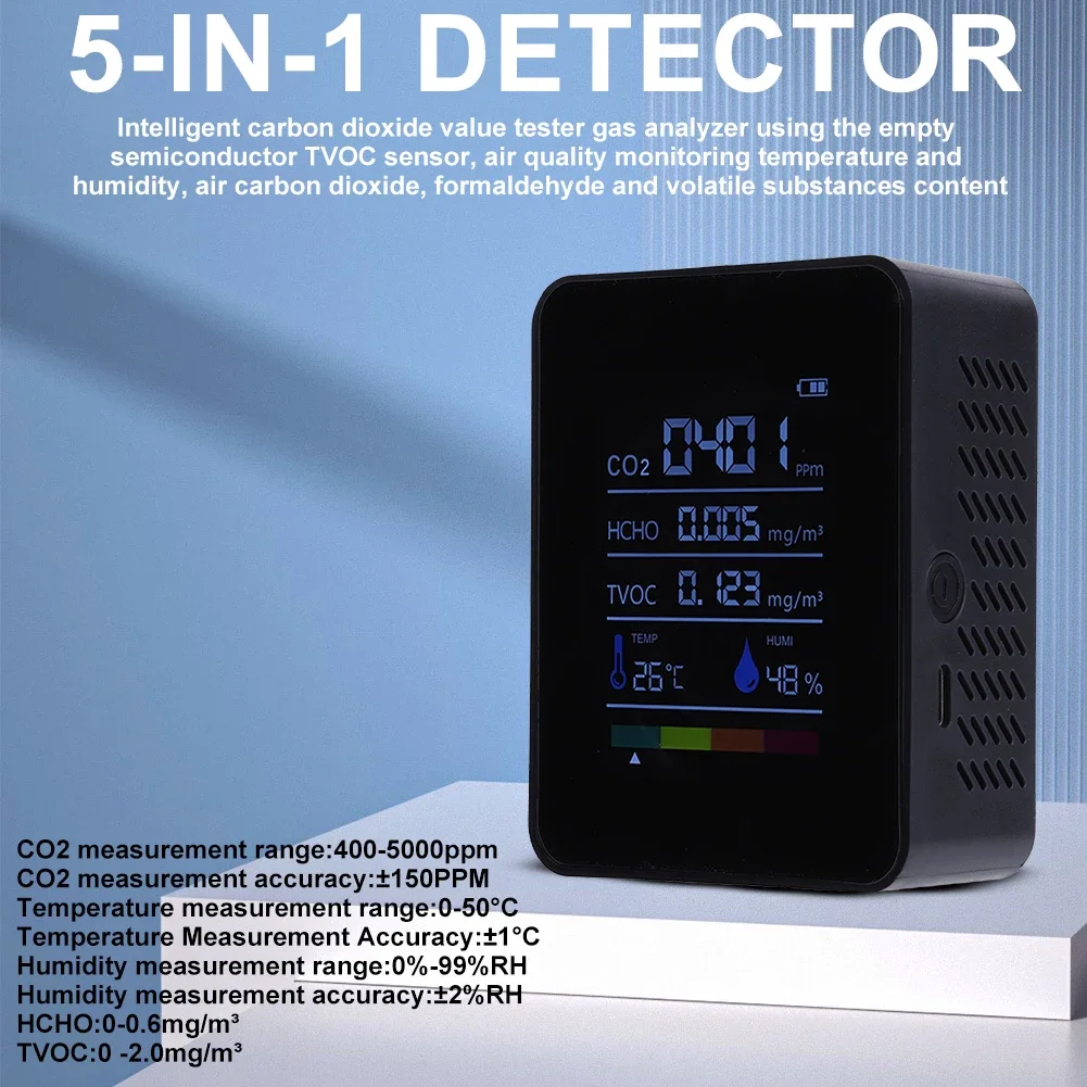 Multifunctionele 5-in-1 CO2-meter Digitale temperatuur-vochtigheidstester Kooldioxide TVOC HCHO-detector Luchtkwaliteitsmonitor