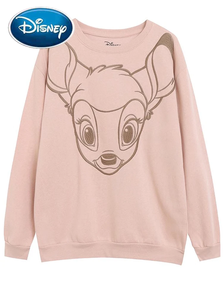 Disney Bambi Deer Letter Cartoon Print Embroidery Sweatshirt Fashion Women O-Neck Long Sleeve Jumper Fleece Tee Tops Streetwear