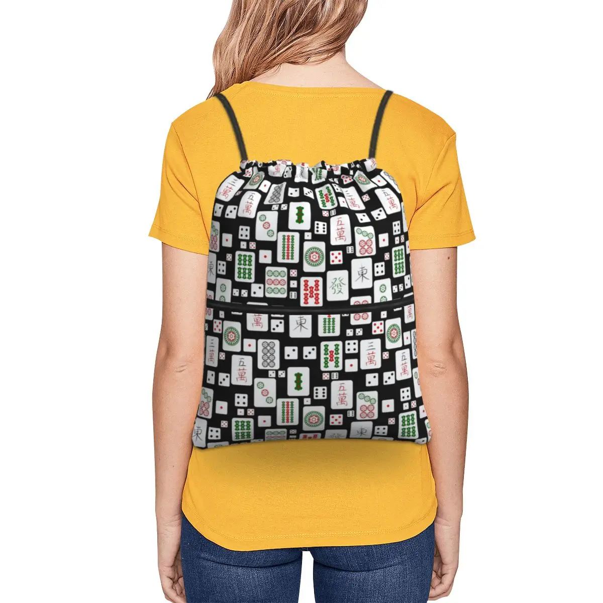 Mahjong Tiles Game Dice Backpacks Casual Drawstring Bags Sports Bag Book Bags for Man Woman Students