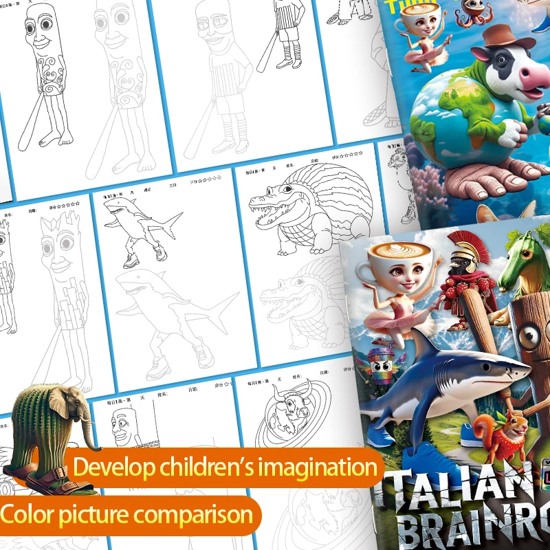 イタリアン・ブレインロット「トゥン・トゥン・トゥン・サフール」動物塗り絵ブック、かわいい線画、トレーススケッチ、絵本、子供向け、クリスマスに最適