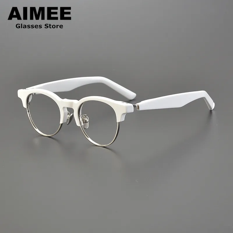 Japanese Spring Leg Retro Round Glasses Frame Niche Acetate Optical Eyeglasses Men Women Prescription Blue Light Spectacles New