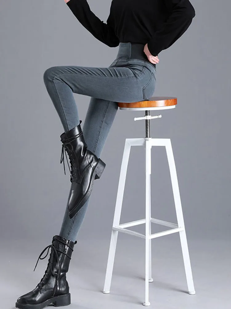 ارتفاع الخصر مستقيم دافئ نحيل الجينز المرأة عادية ريترو سليم الصوف Vaqueros مطاطا الكورية موضة خمر الدينيم السراويل