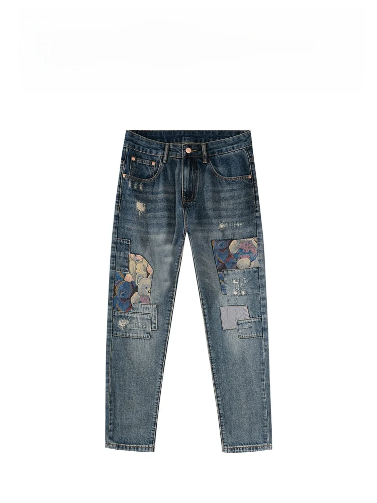 

Trendy Bear Patchwork 3D Denim Jeans Men's Fashion Korean Style Cone Shaped Long Pants mid Waist Zipper Closure Casual Fit