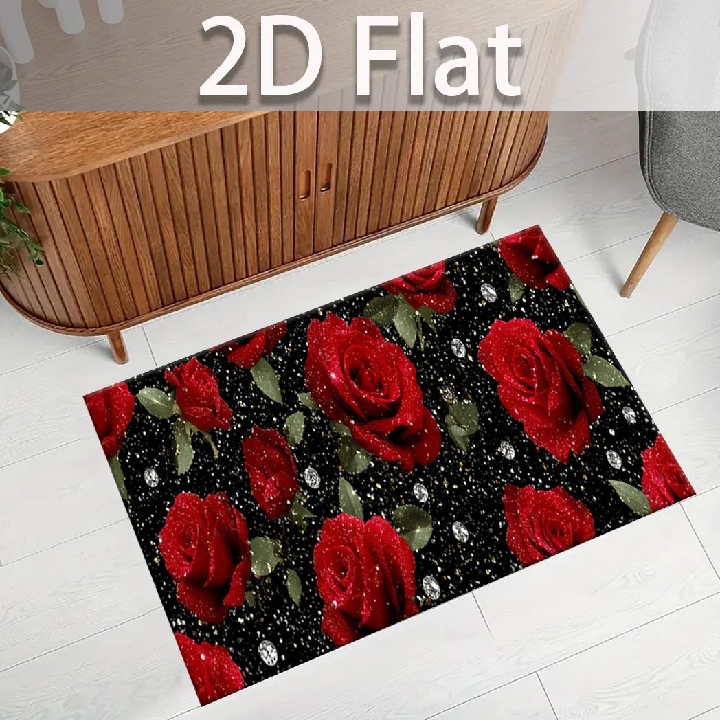VIKAMA Valentinstag-Teppich Crimson Rose Teppich 2D-Küchenteppich Fußmatte Willkommensmatte Teppich für Schlafzimmerteppich für Wohnzimmer zu Hause