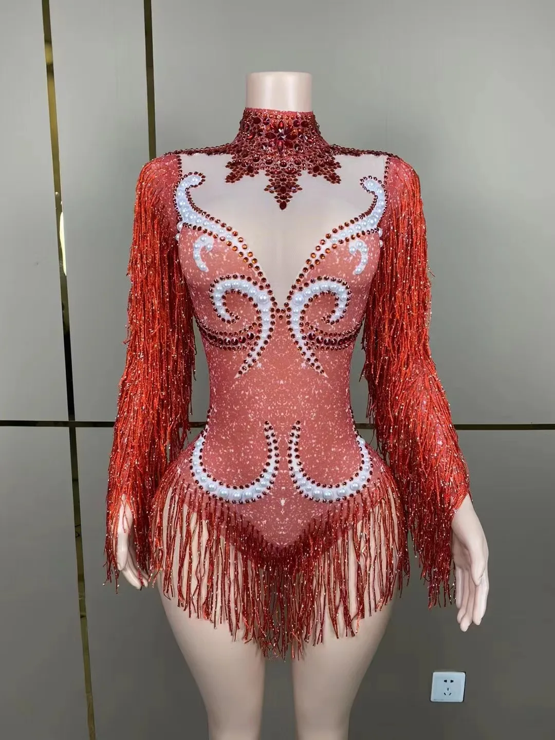 

Shiny New Purple Jumpsuit Rhinestone Ladys Sexy Transparent Mesh Tassel Set Stage Performance And Nightclub Performance Outfit