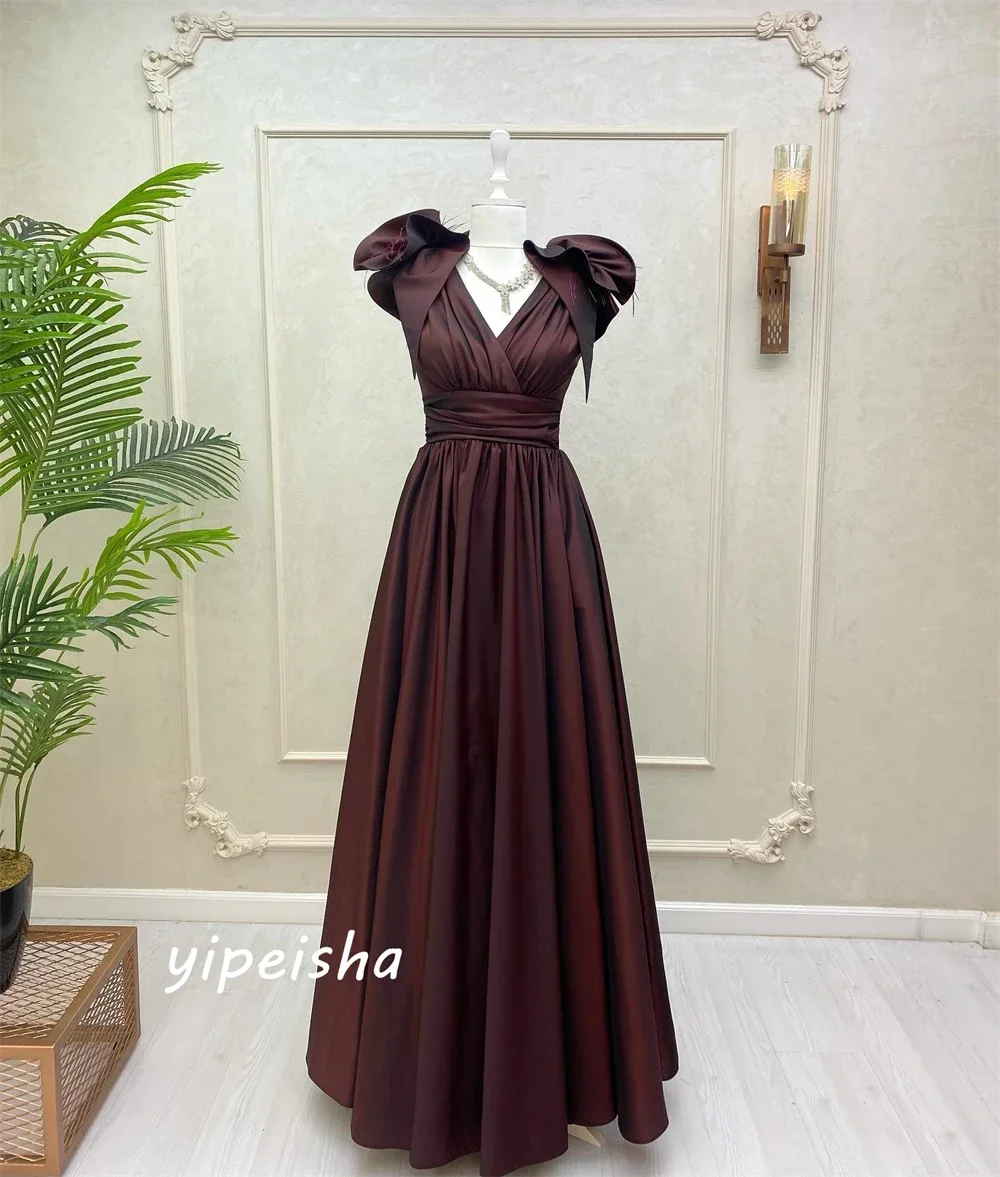 تخصيص الرجعية مطابقة أنيقة كلاسيكية جيرسي كشكش ريشة الطية ألف خط الخامس الرقبة فساتين طويلة فساتين السهرة الطراز الحديث S