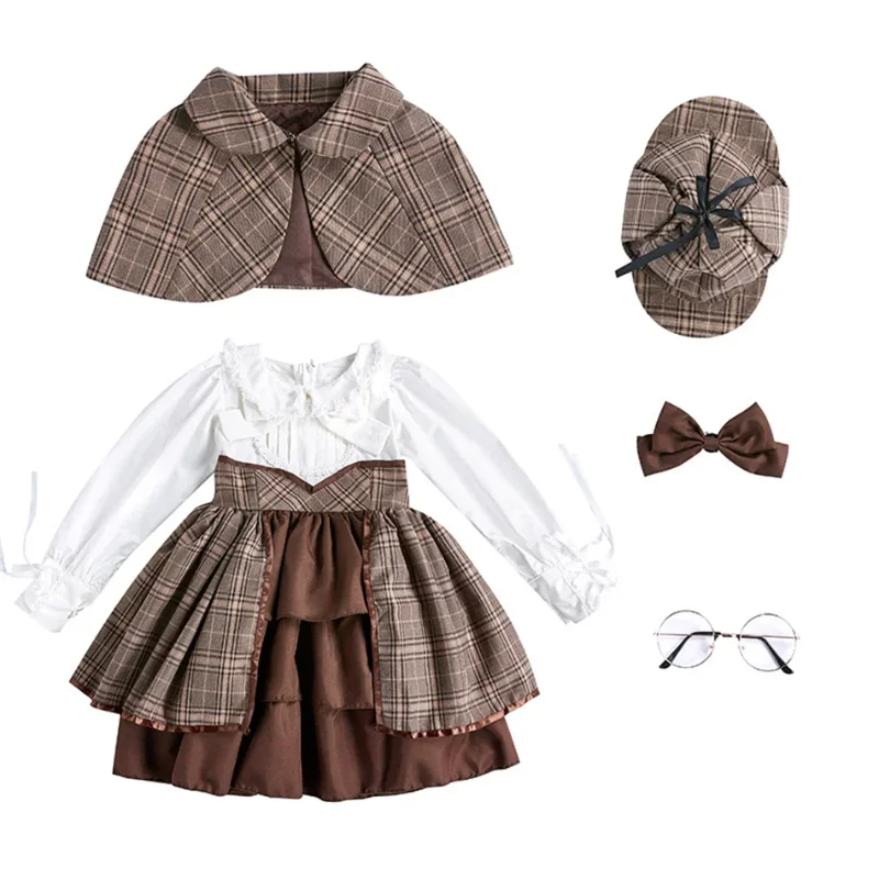 Halloween Cosplay Costume Detective Lolita Long Sleeves Dress Glasses Hat Set Performance Party Role Playing Outfit for Girls
