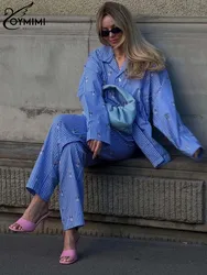 Oymimi Casual Blue Print set da 2 pezzi completi da donna eleganti camicie con bottoni a maniche lunghe con risvolto e set di pantaloni dritti a vita alta