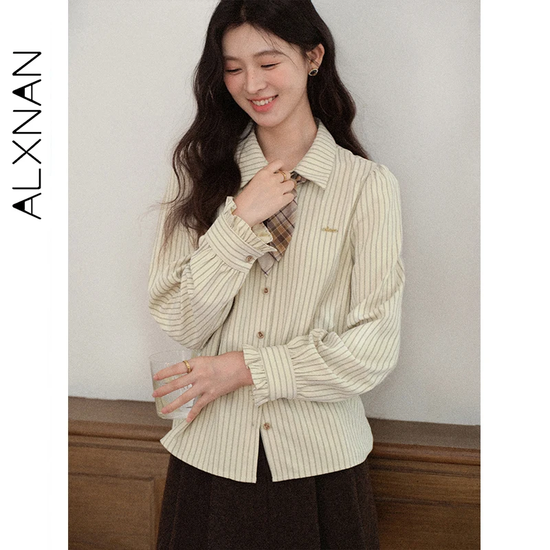 

ALXNAN Khaki Shirts Stripe Tie Long Sleeve Loose-fit Autumn Versatile Blouse 2025 Embroidered Layering Commuting Shirts L58128