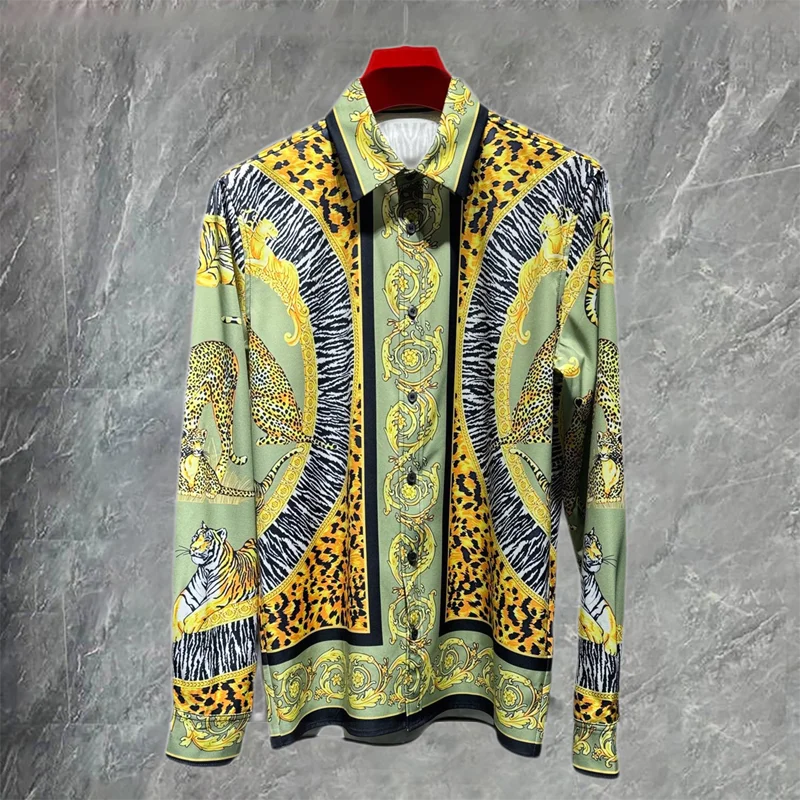 Fall Fashion Leopard Picture Shirts Streetwear Flower Shirt Men Casual European Print Retro Long Sleeve Shirt Camisa Masculina