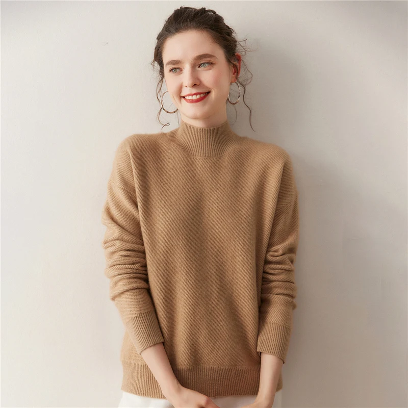 Casual Loose Mock Neck 100% Cashmere Knitted Fashion Soft Minimalist Hem Design Women's Pullovers Thick Gentle Sweater