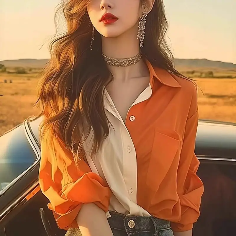 Color Block Long-sleeved Shirt and Shirt for Women 2025 New Early Autumn Retro Fashion Button Splicing Loose Top