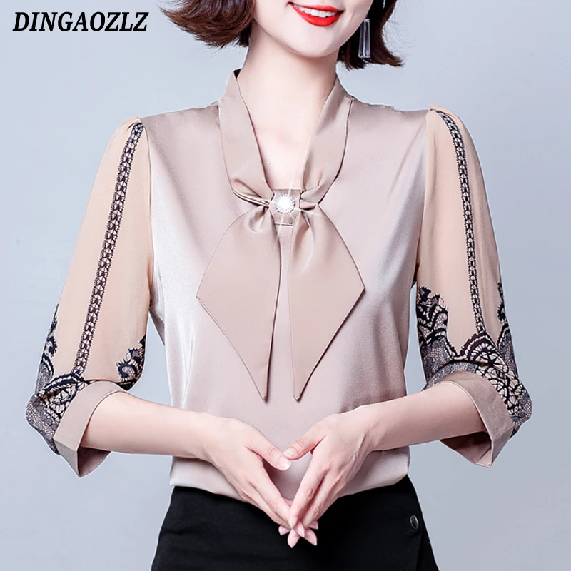 

Elegant Fashion Silk Chiffon Blouse New Spring Summer Women Tops 3/4 Sleeve Bowknot Vintage Printed Shirt