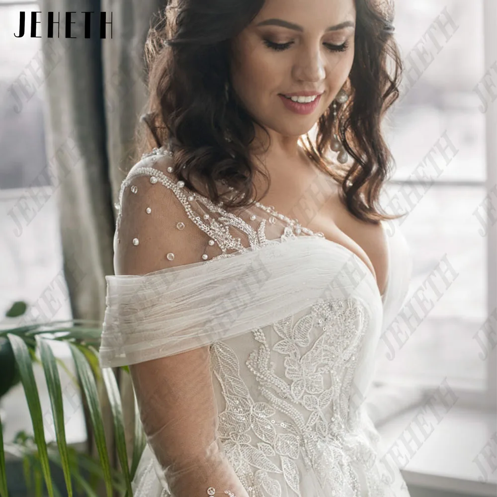 Jeheth Hyundai vestido de novia de manga larga vestido de novia con cremallera de JEHETH-vestido de novia de manga larga con cuello en V profundo, traje de novia con cremallera, apliques de línea A de tul, talla grande