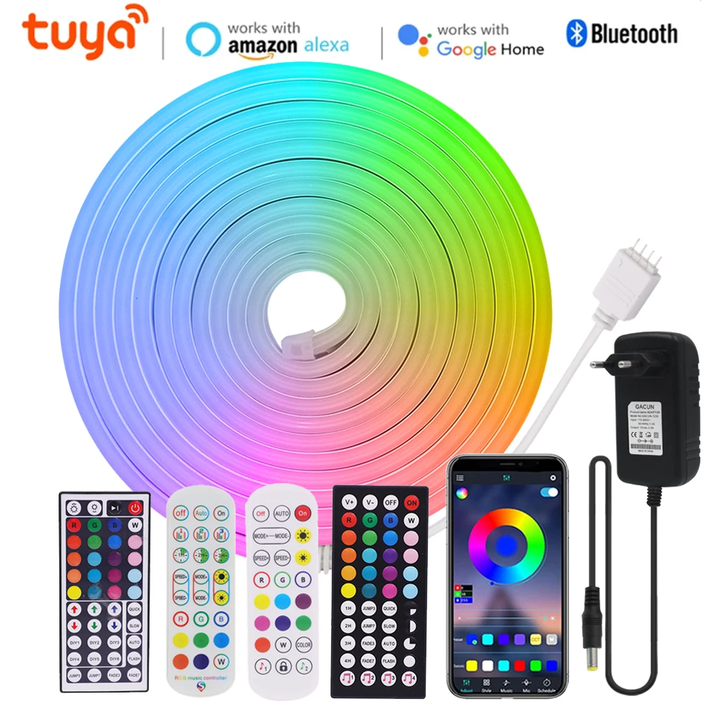 

Гибкая неоновая RGB лента Tuya с Wi-Fi, 12 В, Bluetooth-контроллер, 120 светодиодов/м