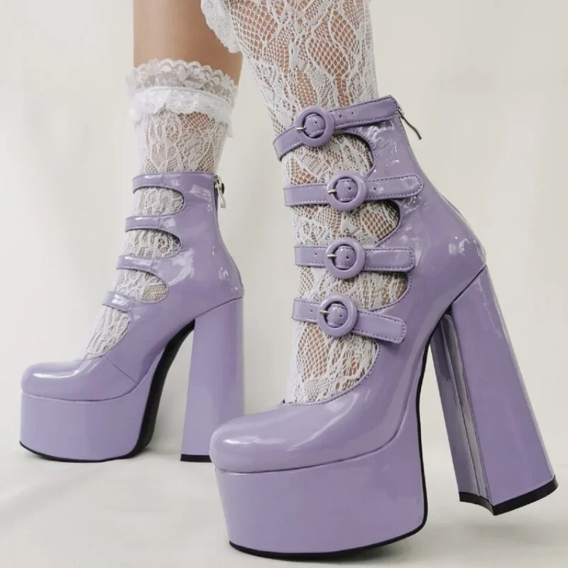 2024 New Purple Lolita Sweet 15cm High Heels Thick Bottom Bow Women\'s Shoes Round Head Hollow Out Buckle Single Shoes Size 36-47