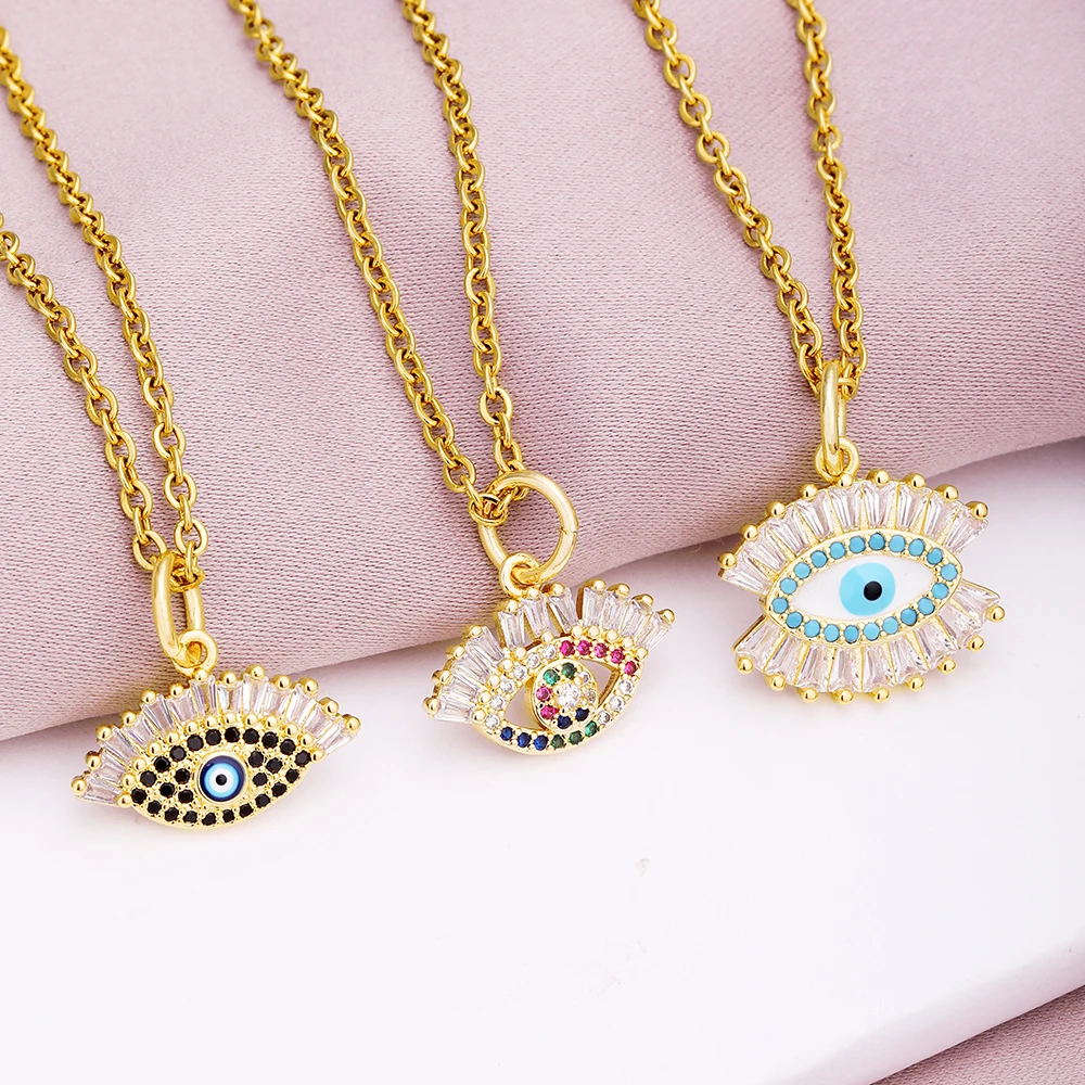 Turkish Lucky Evil Eye CZ Necklace Women 4 Style Eyes Female Charm Fashion Enamel Stainless Steel Chain Necklace Jewelry Gift