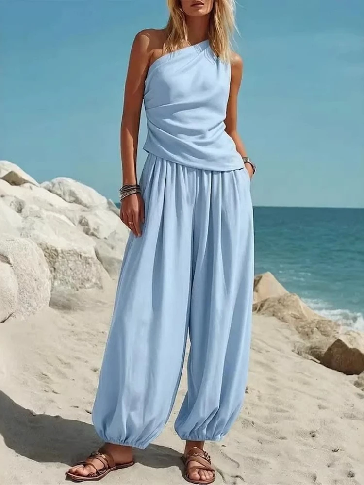 

2026 Summer Slanted Collar Folds 2 Piece Set Women Sleeveless Tank Top High Waist Wide Leg Pants Casual Loose Outfit Streetwear