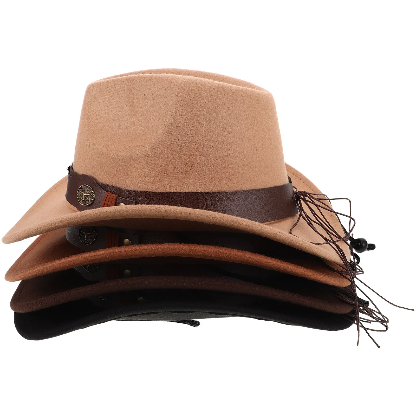 

4Pcs Western Cowboy Hat Unisex Wide Brim Woolen Sun Hat for Men Women Adjustable Buckle Rustic Festival Party Outdoor Summer