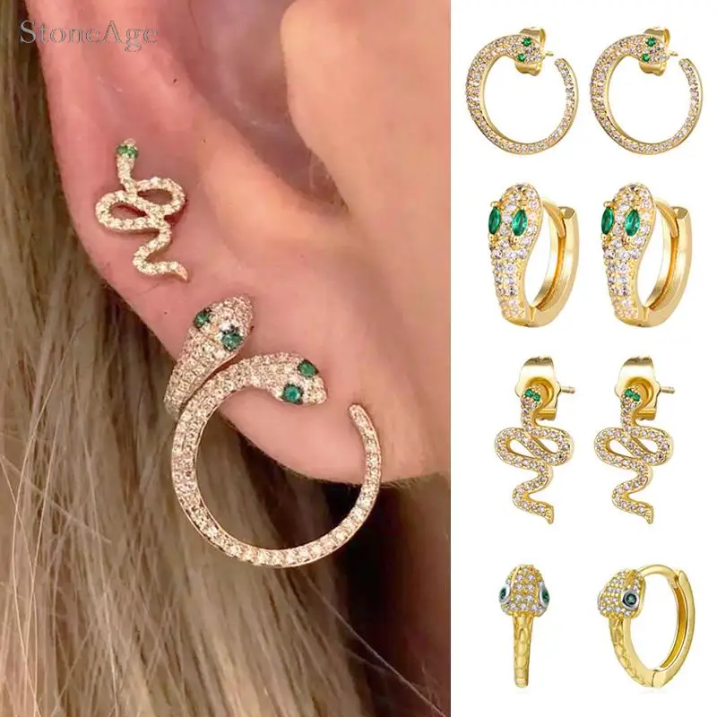 Exquisite Iced Out Green Crystal Eyes Snake Piercing Earrings for Women Dainty Helix Lobe Orbital Ear Accessories Animal Jewelry