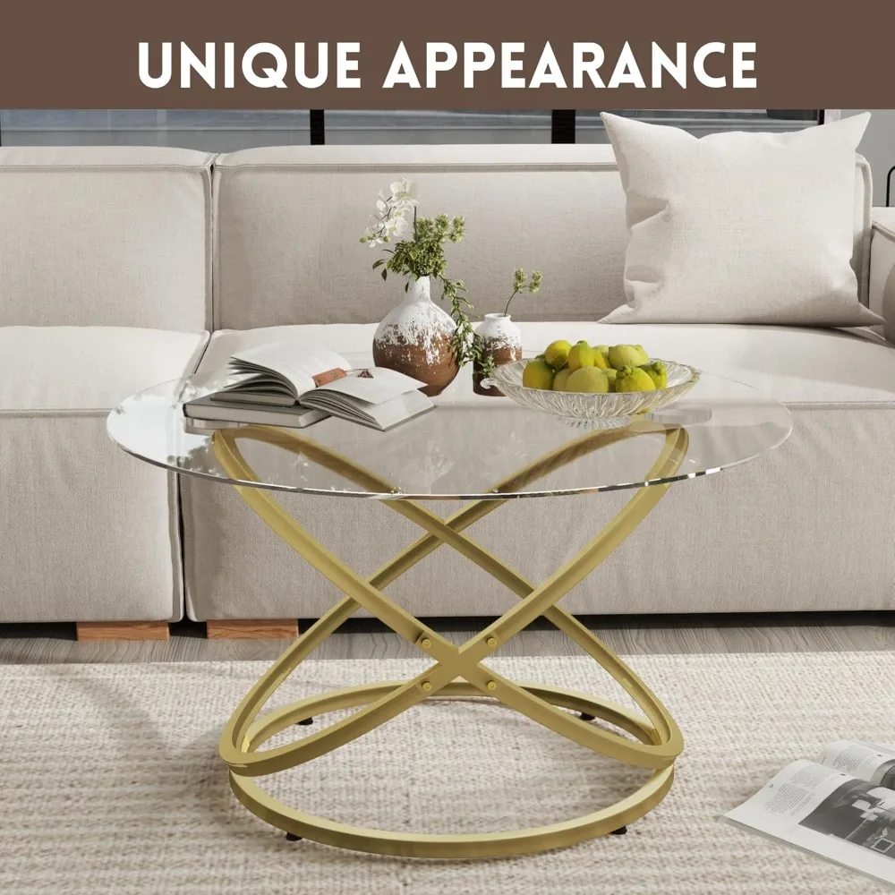 31 Glass Coffee Table, Modern End Table with Ring Gold Metal Frame, Round Glass Coffee Table for Decoration, Small Gold Coffee T