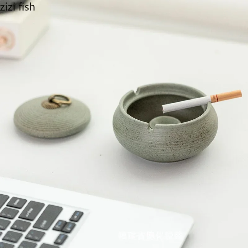 Kiln Changes Ceramic Ashtray with Lid Soot Storage Box Anti Ash Fly Ashtray Soot Organizer Home Decoration Statue Ornament Craft